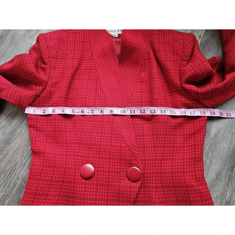Christian Dior Vintage Houndstooth Red Plaid Pure Wool Skirt Suit Set Size 8